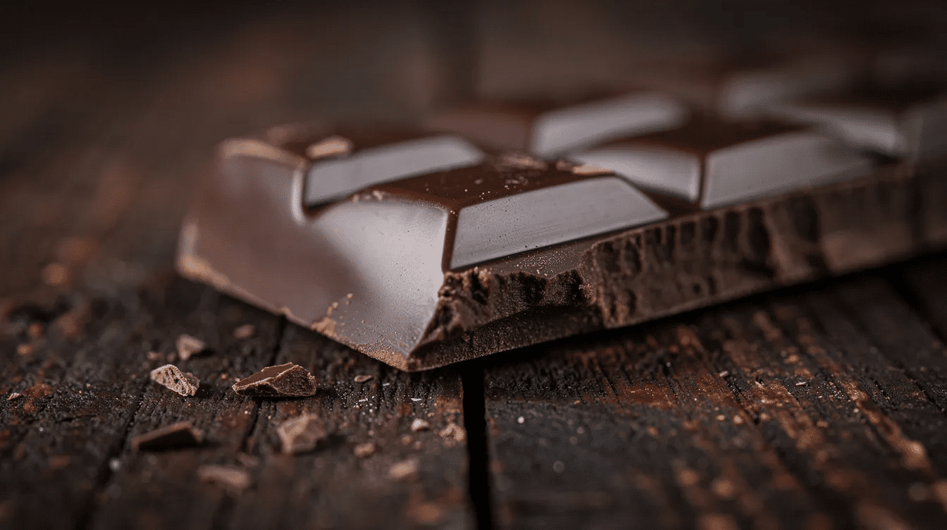 The image features a deliciously crafted dark chocolate bark, adorned with a variety of toppings such as dried fruit, roasted nuts, and a sprinkle of flaky sea salt. The chocolate is set on a baking sheet lined with parchment paper, showcasing its glossy texture and inviting appearance.