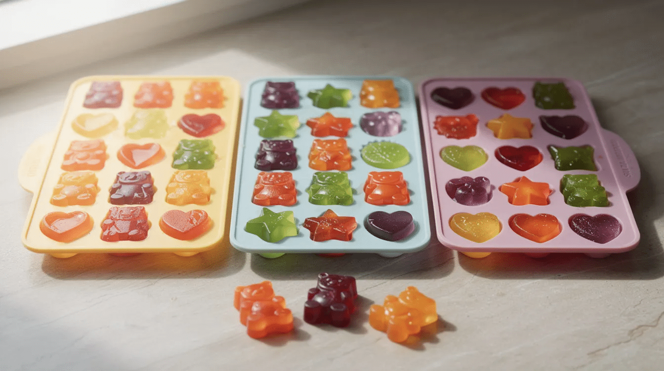 The image features vibrant silicone candy molds filled with colorful homemade fruit gummies, showcasing a variety of flavors made with real fruit puree. Set on a kitchen counter, these delightful fruit snacks are a healthy and fun treat, perfect for satisfying a sweet tooth.