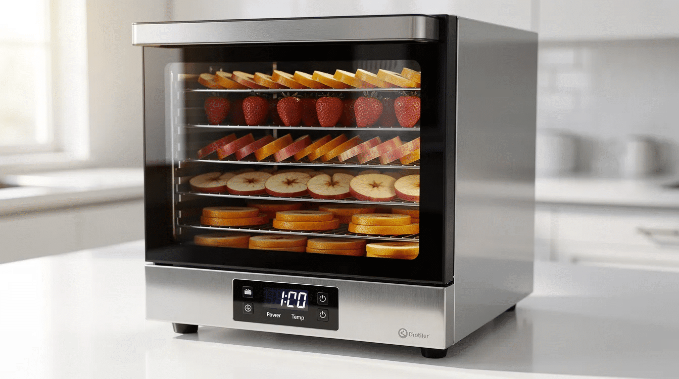 The image features a stainless steel food dehydrator with multiple plastic trays stacked inside, showcasing an array of dehydrated foods such as apple chips and kale chips. The device is designed for food preservation, featuring digital controls for precise temperature control and removable drip trays for easy cleaning.