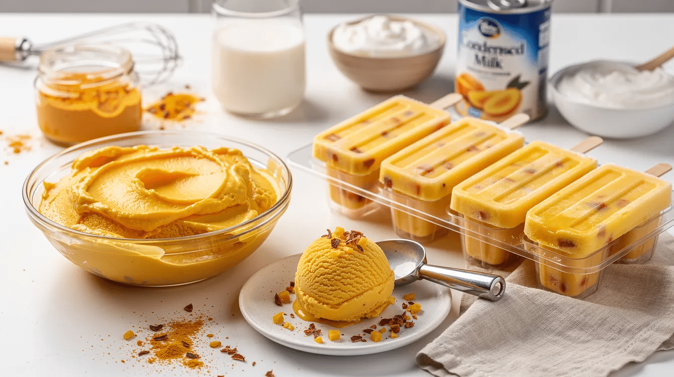 The image showcases a vibrant bowl of three-ingredient mango ice cream, with a creamy texture and bright yellow color, garnished with small pieces of diced mango for added texture. This delicious dessert, made without an ice cream maker, highlights tropical flavors and can also be prepared as refreshing popsicles using freeze dried mango powder mixed with yogurt.