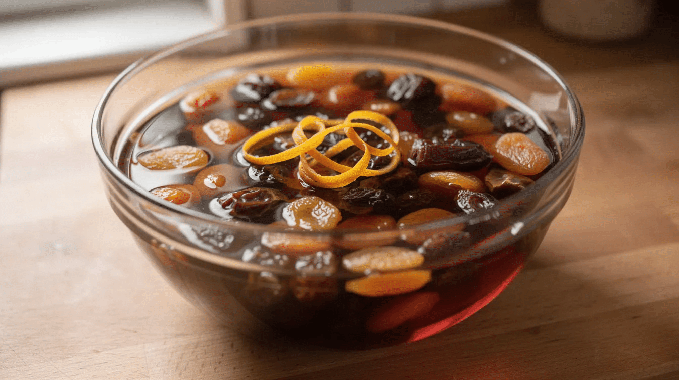 A glass bowl filled with a colorful mixture of dried fruits soaking in dark rum, with vibrant curls of orange zest floating on top. This rum-soaked dried fruit mixture is perfect for adding to a homemade fruit cake recipe during the holiday season.