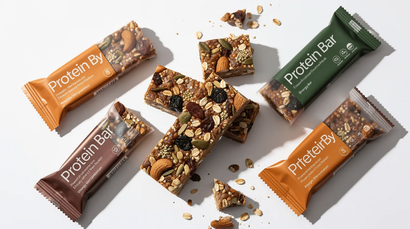 The image features a variety of on-the-go snack bars, showcasing their chewy texture and packed with wholesome ingredients like almond butter, oats, and pumpkin seeds. These gluten-free, plant-based protein bars offer a delicious blend of flavors and are designed for sustained energy, making them a perfect choice for a healthy snack anytime.