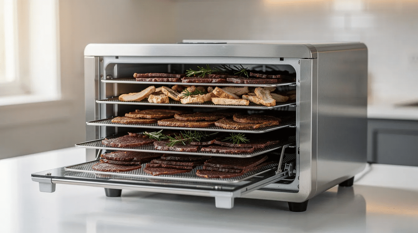The image features a meat 6 tray dehydrator with six stackable stainless steel trays designed for drying various foods, including meat, fruits, and vegetables. It showcases adjustable temperature settings ranging from 90 to 167 degrees Fahrenheit, ensuring even cooking with 360-degree circulation, and highlights its dishwasher-safe construction for easy cleaning.