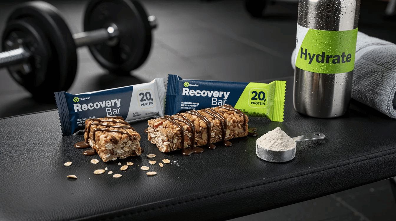 The image features a variety of post-workout recovery bars, showcasing their chewy texture and packed ingredients like almond butter, chocolate chips, and pumpkin seeds. These delicious, plant-based protein bars are gluten-free and designed for sustained energy, making them a great snack for anyone seeking nutritious fuel after exercise.