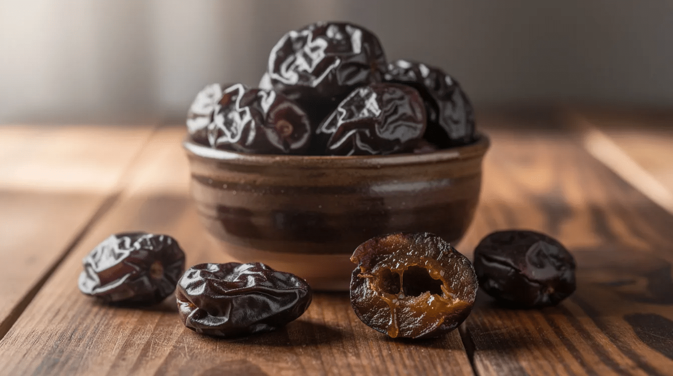 The image features a bowl filled with dark brown prunes, also known as dried plums, showcasing their natural sweetness and creamy texture. These nutrient-dense dried fruits are known for their incredible health benefits, including support for digestive and bone health.