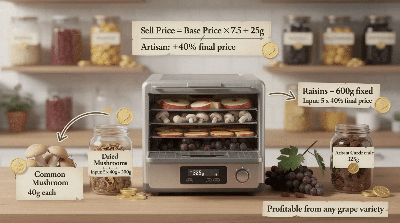 The image depicts a visual representation of product value calculations for dried fruit and edible mushrooms, illustrating the pricing formula and profit potential in a farming context. It highlights the process of using a dehydrator, similar to those found in Stardew Valley, to maximize the value of crops like grapes and mushrooms.