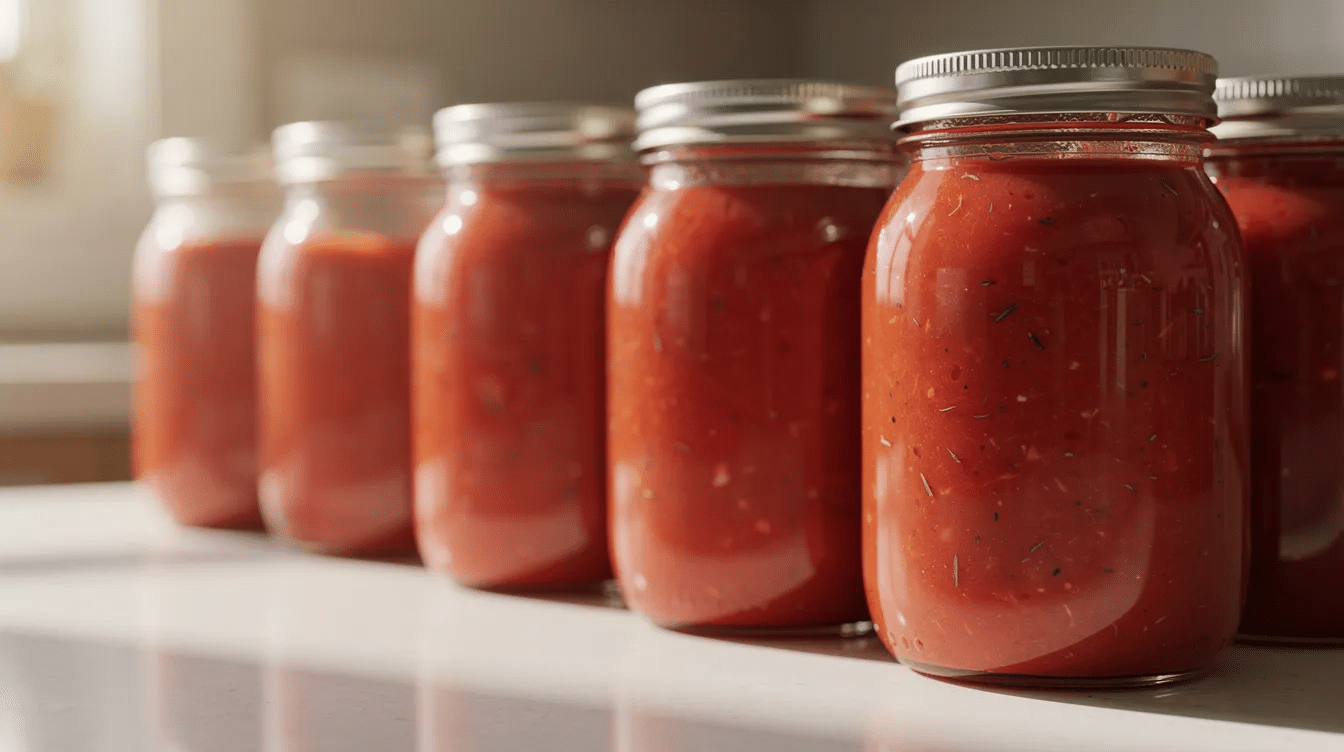The image shows several glass canning jars filled with vibrant red tomato sauce, neatly lined up on a kitchen counter, showcasing the results of the canning process for tomatoes. This colorful display highlights the delicious homemade tomato sauce, ideal for various recipes such as pizza sauce or tomato soup.