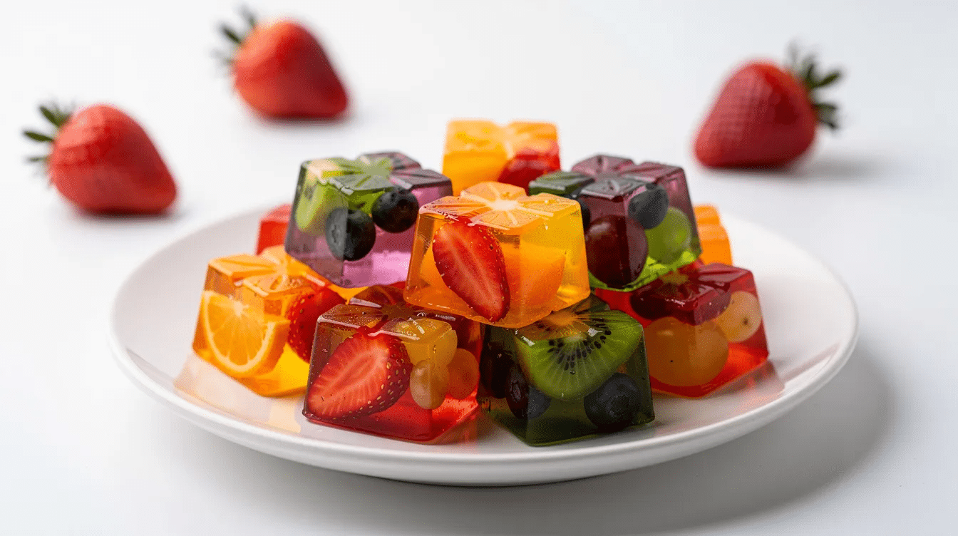 The image features colorful homemade jello fruit snacks shaped in small silicone molds, showcasing a variety of fruit flavors like grape and strawberry. These sugar-free treats, made from jello mix and fruit juice, are perfect for kids and have a fun, chewy texture that makes them a delicious and healthy snack option.