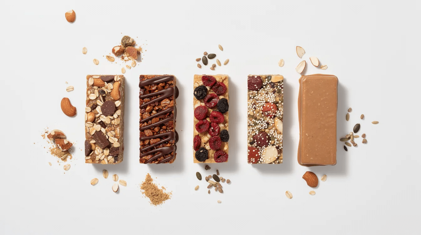 The image features a variety of meal replacement bars, showcasing their chewy texture and packed ingredients like chocolate chips, almond butter, and pumpkin seeds. These plant-based protein bars are designed for sustained energy and great taste, making them a delicious and healthy snack option.