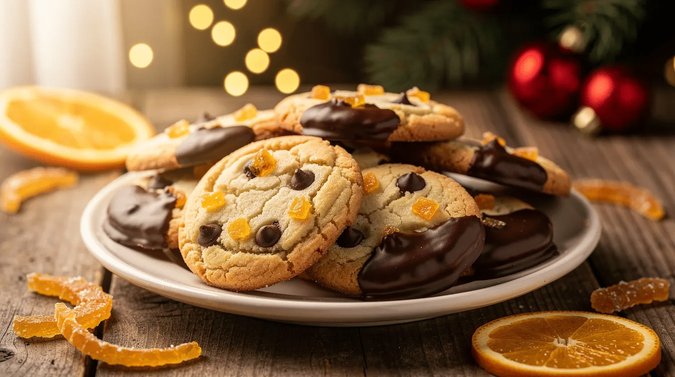 The image features a plate of crisp butter cookies adorned with flecks of chopped candied orange peel and dark chocolate chips, elegantly dipped in melted dark chocolate on one edge. This festive treat showcases the classic flavor pairing of chocolate and citrus, making it a delightful addition to any dessert table during the Christmas season.