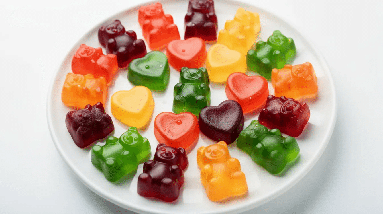 A white plate is filled with colorful homemade gummy bears and heart-shaped fruit snacks, showcasing a variety of vibrant colors and shapes. These delightful treats are made from real fruit juice and are perfect for satisfying gummy cravings.