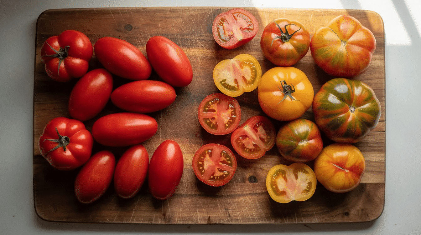 A rustic wooden cutting board displays a vibrant assortment of various paste and heirloom tomatoes, showcasing their rich colors and unique shapes, perfect for canning tomatoes or making delicious sauces like tomato sauce and salsa. The arrangement highlights the beauty of fresh produce, ideal for home canning recipes.