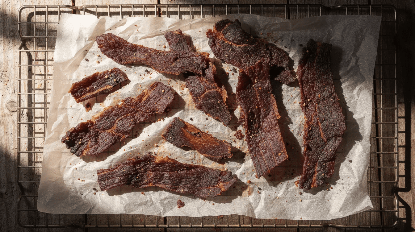 Homemade beef jerky strips are neatly arranged on parchment paper, cooling on a wire rack after the cooking process. This delicious snack is a great option for those looking for a healthy, protein-rich treat.