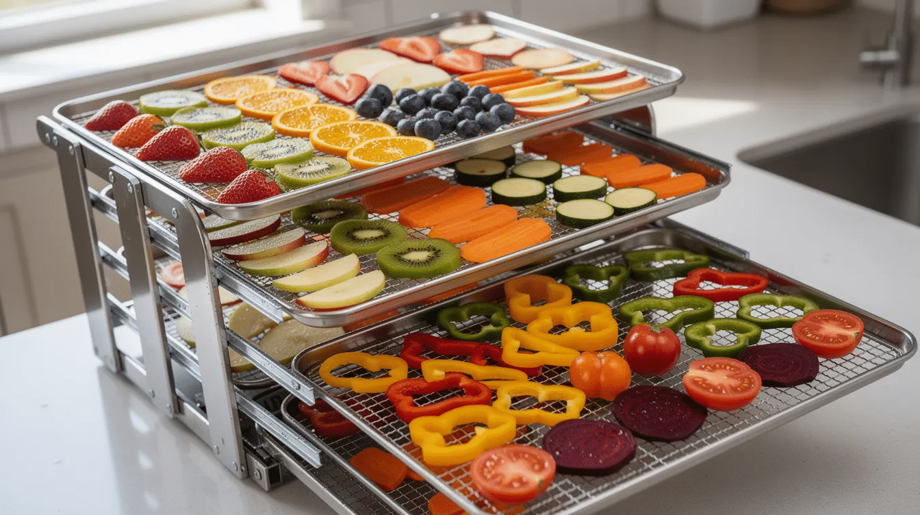 The image features stainless steel dehydrator trays filled with an array of vibrant sliced fruits and vegetables, showcasing the food preservation process. These stainless steel trays are designed for efficient food dehydration, allowing users to create healthy snacks like apple chips and veggie chips while reducing food waste.