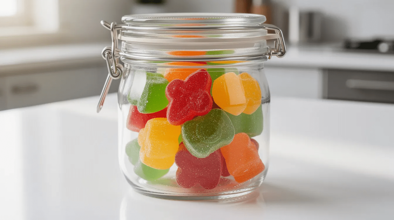 A clear glass container with a sealed lid holds an assortment of colorful homemade fruit snacks, resembling jello fruit in texture and shape. These sugar-free gummy snacks, made from fruit juice and unflavored gelatin, are neatly arranged, showcasing their vibrant colors and enticing appearance.
