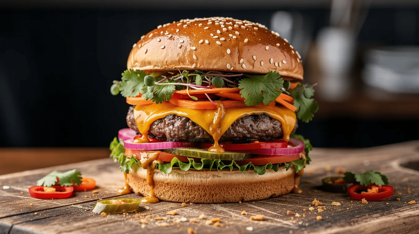 A gourmet burger is presented on a wooden board, topped with vibrant pickled cucumbers and red onions, along with fresh dill and other garnishes, creating a colorful and appetizing sandwich. The pickled vegetables hint at a tangy flavor, likely enhanced by apple cider vinegar and spices, making it a delightful dish perfect for summer produce.