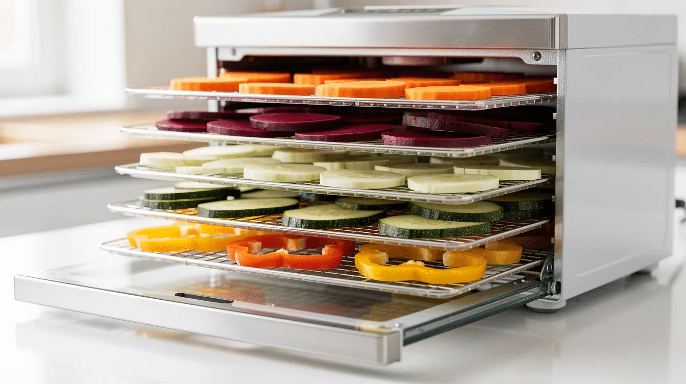 The image shows a food dehydrator filled with vibrant slices of various vegetables neatly arranged on multiple trays, perfect for creating homemade backpacking meals. This setup is ideal for preparing dehydrated foods for camping and backpacking trips, ensuring nutritious options for your next adventure.