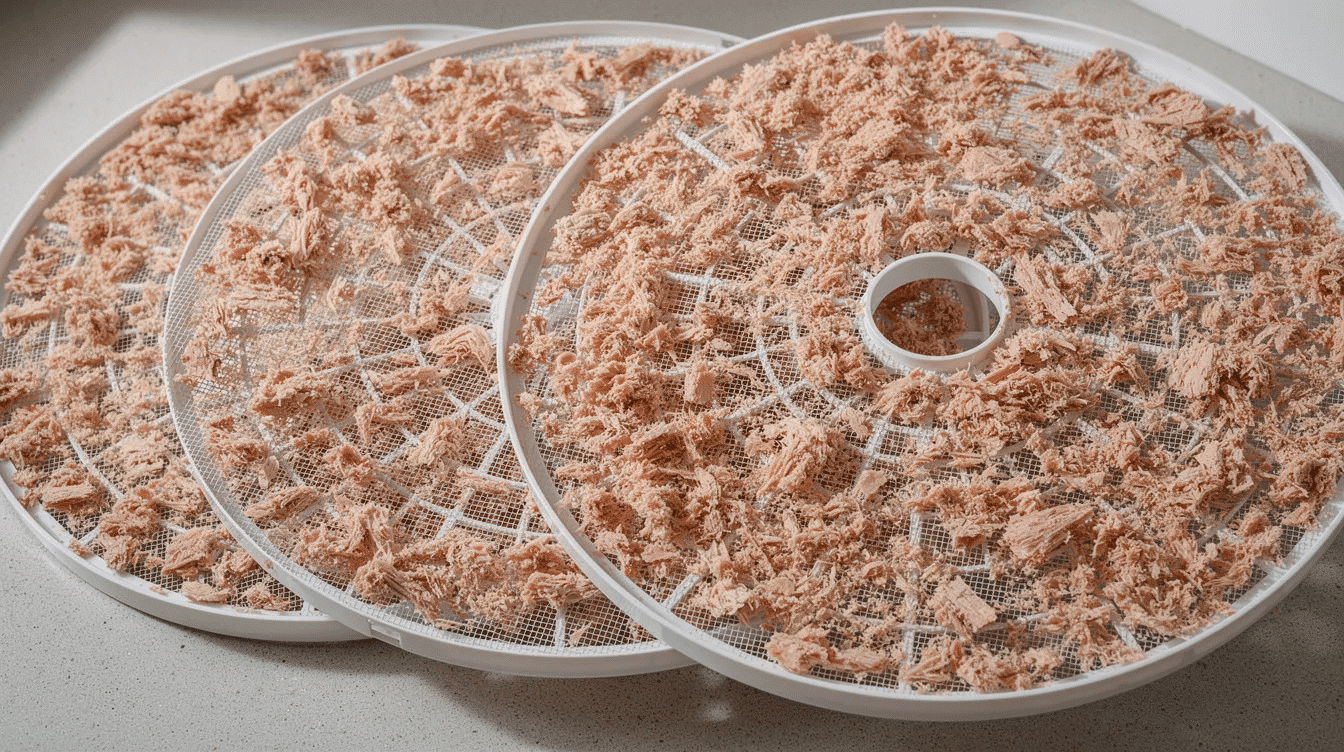 The image shows small flakes of high-quality tuna spread evenly on round dehydrator trays, covered with mesh sheets for optimal air circulation during the dehydration process. This setup is ideal for making delicious jerky, ensuring the tuna is completely dry and ready for storage.