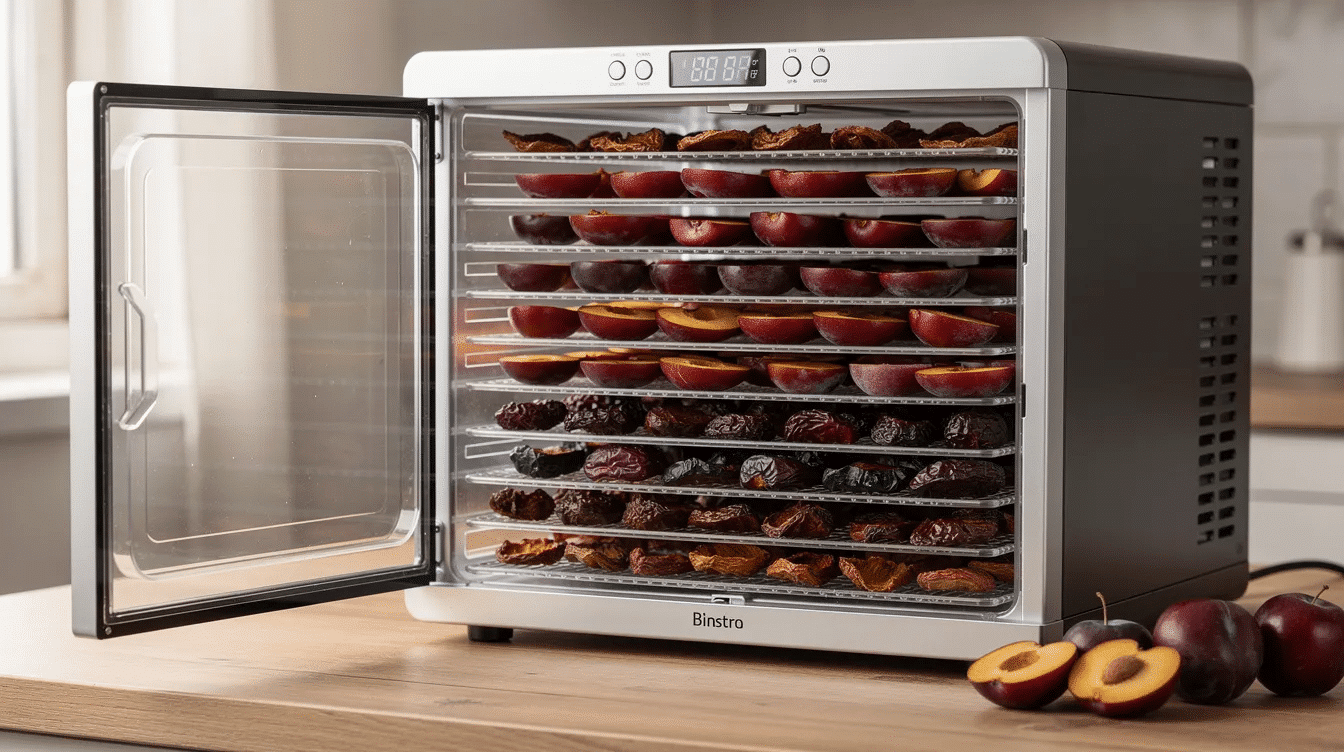 The image shows a food dehydrator filled with multiple trays stacked with halved plum pieces, showcasing the drying process. The vibrant slices of fresh plums are arranged in a single layer, ready to transform into delicious dried plums or homemade prunes.