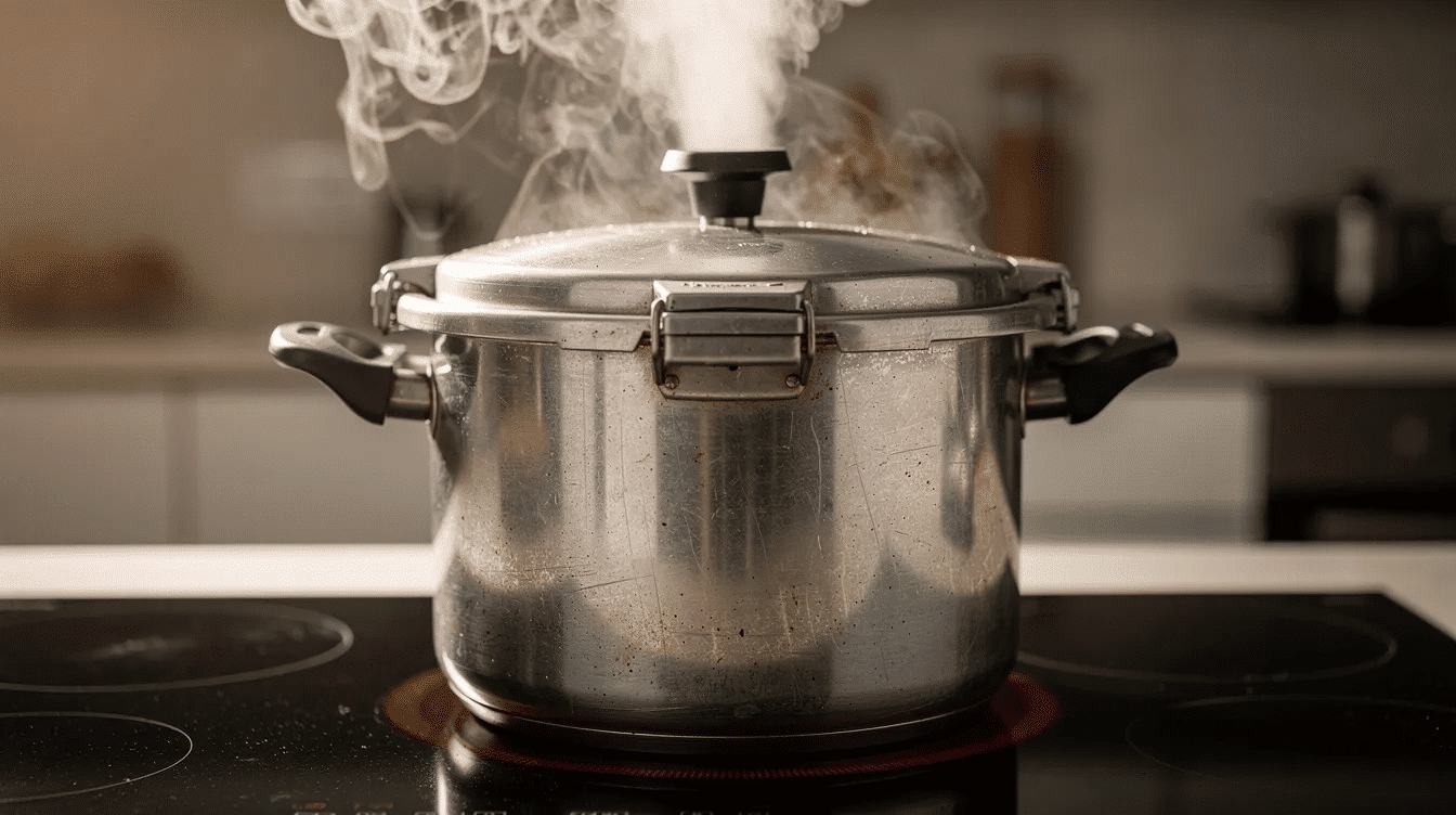 A pressure canner sits on a stovetop, with steam venting from the top, indicating it's in use for home canning. This kitchen scene highlights the process of pressure canning, essential for preserving delicious stuffed peppers and other vegetables.