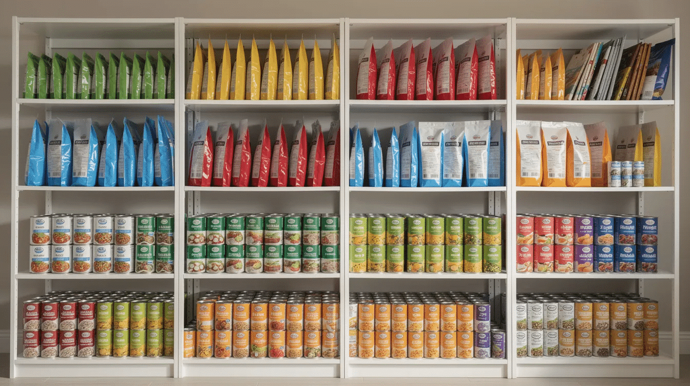 The image shows neatly organized pantry shelves filled with stacked emergency food pouches and cans, featuring a variety of freeze dried foods and dehydrated meals designed for long term storage. These nutritious meals, including freeze dried fruits and vegetables, are ready for the rehydration process, ensuring a reliable emergency food supply.