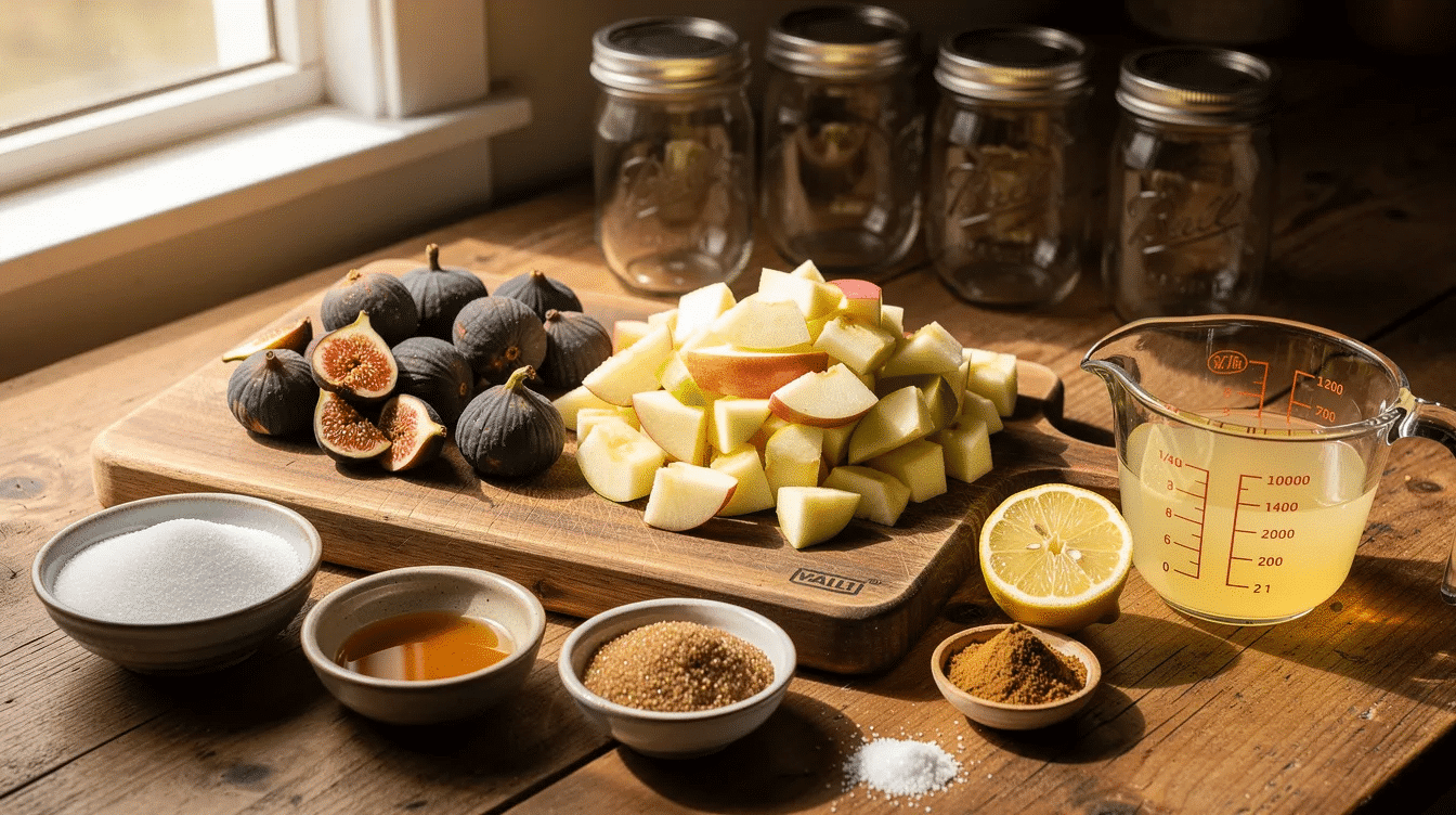 The image showcases the ingredients for making apple fig jam, including fresh ripe figs, Honeycrisp apples, granulated sugar, lemon juice, and apple juice, all arranged neatly on a kitchen countertop. A wooden spoon and a bowl are also present, suggesting the preparation process for this delicious jam recipe.