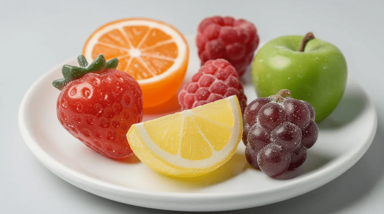 The image showcases a colorful assortment of real fruit gummies in fun shapes, made with real fruit puree, including flavors like strawberry, raspberry, and mango. These delicious, soft fruit snacks are gluten-free, fat-free, and perfect for satisfying a sweet tooth while enjoying just pure deliciousness.