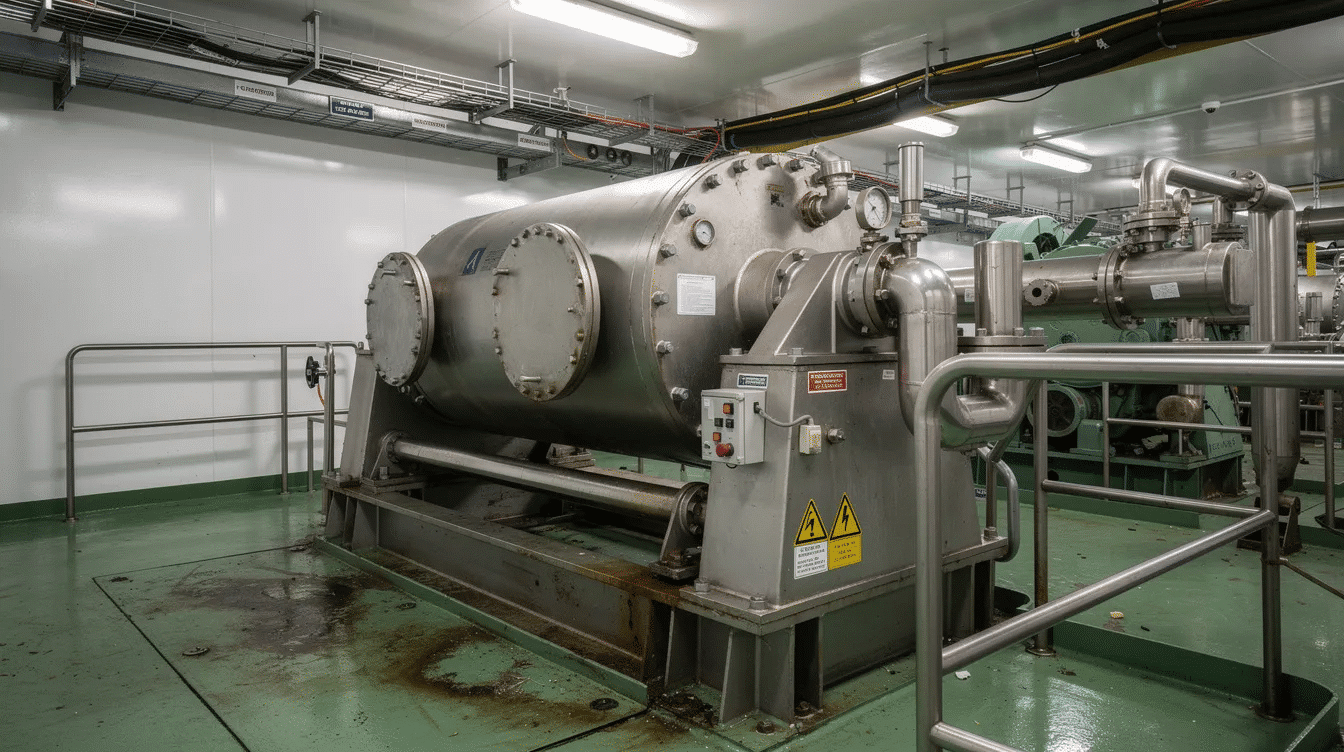 The image features a large industrial centrifuge equipment situated in a marine engine room, showcasing its robust stainless steel construction and complex machinery designed for efficient processing. This equipment plays a crucial role in various applications, including food preservation, by effectively removing moisture from products like fruits and vegetables.