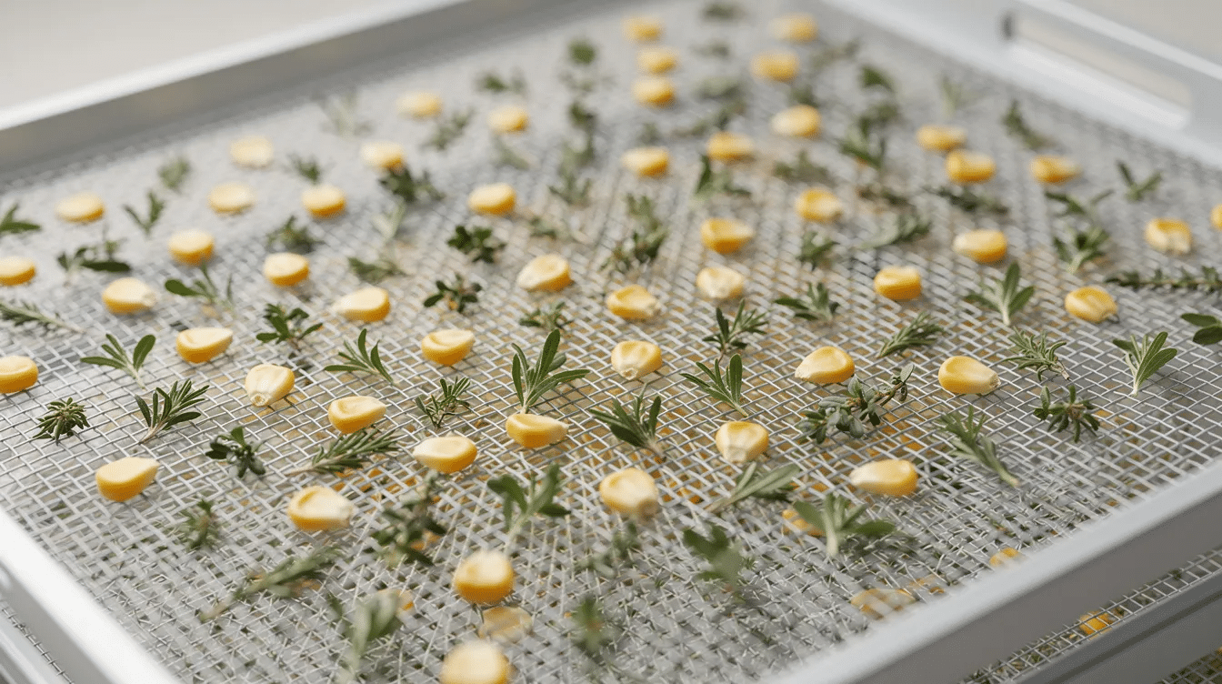 September 14, 2026 | A dehydrator tray fitted with a mesh screen displays small herb leaves and corn kernels drying evenly, highlighting the efficient drying process of a food dehydrator. The stainless steel trays ensure durability and even temperature distribution, making it ideal for preserving food and creating delicious treats like dehydrated herbs and snacks.