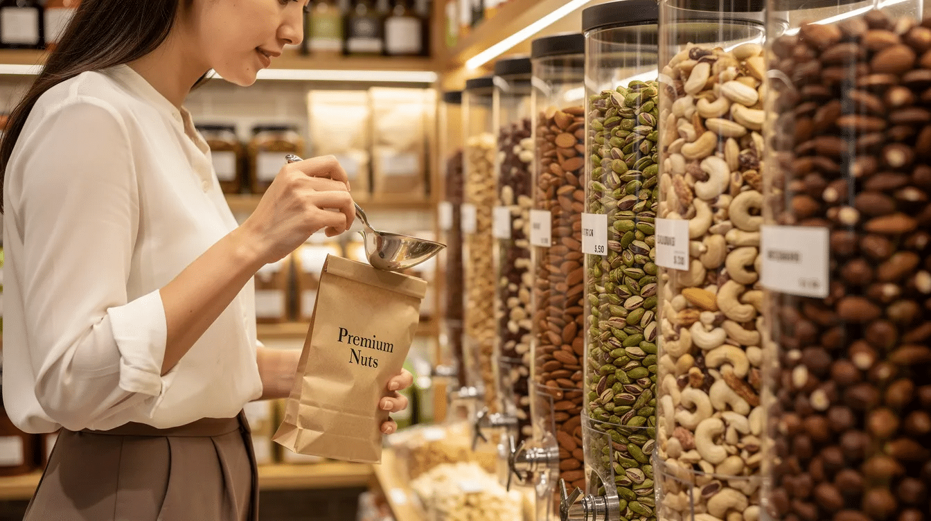 A person is carefully selecting premium nuts from airtight glass containers at a specialty food store, emphasizing the high quality and health benefits of these prized dry fruits. The scene highlights the meticulous process of choosing the best varieties, which are often sought after by connoisseurs for their taste and nutritional value.