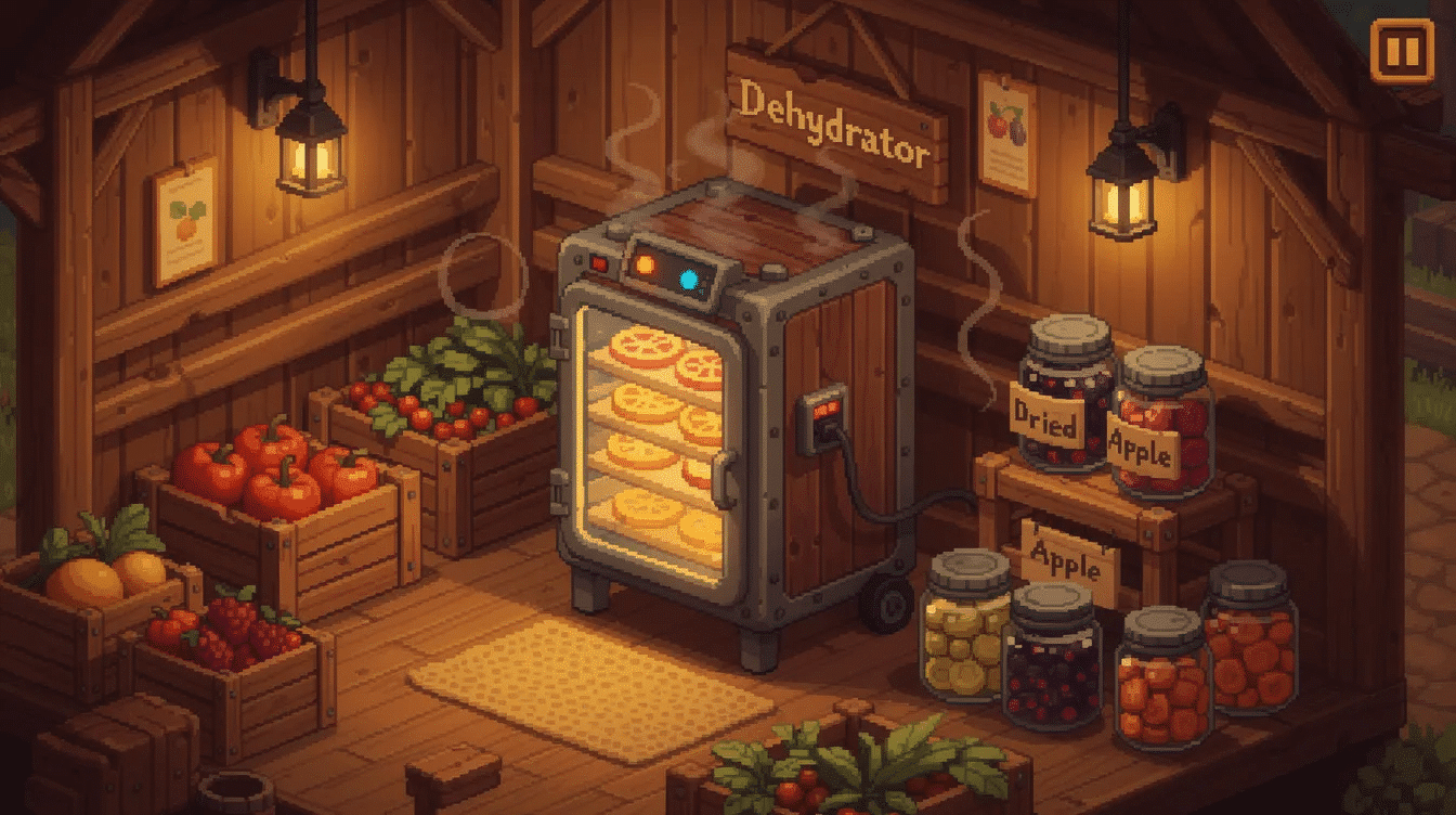 The image depicts a dehydrator from Stardew Valley, showcasing various fruits and edible mushrooms being processed inside the machine. It highlights the potential for creating dried products like raisins from grapes and dried mushrooms, emphasizing the advantage of crafting the dehydrator for profit on the farm.