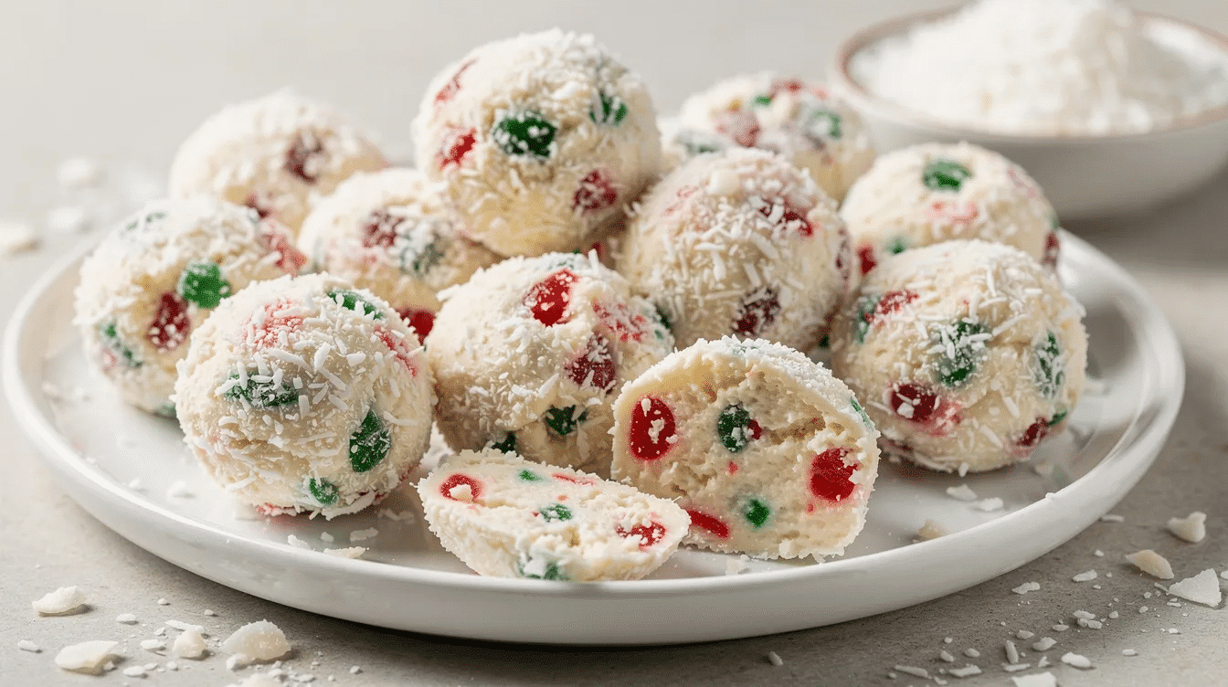 The image features a plate of festive Candied Cherry Snowball Truffles, showcasing their fluffy, snowball-like appearance coated in shredded coconut, with vibrant red and green candied cherries peeking through. These no-bake truffles, made with sweetened condensed milk and chopped candied fruit, are a delightful addition to any dessert table.