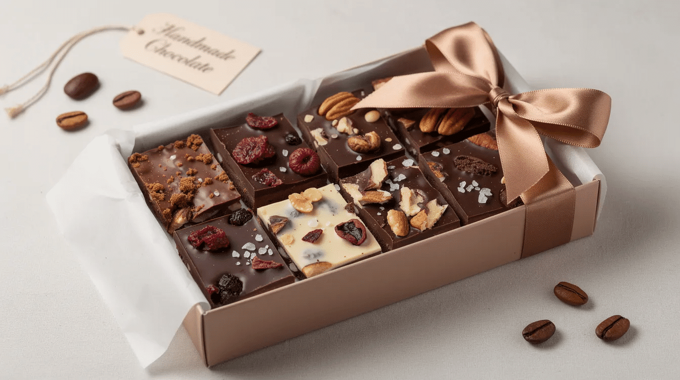 The image features beautifully arranged pieces of white chocolate almond bark, topped with sliced roasted almonds, placed inside a decorative gift box adorned with a ribbon. The bark's creamy texture and the hint of sea salt create an enticing presentation, making it a delightful gift for any occasion.