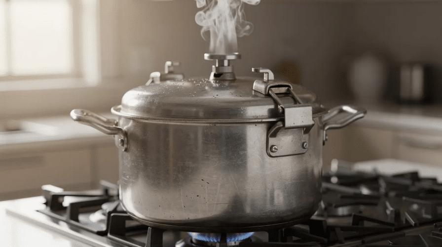 A large silver pressure canner sits on a stovetop, with steam rising from its vent, indicating that it's in use for home food preservation. The canner is likely being used to process a load of jars filled with freshly harvested greens like spinach and mustard greens, prepared for canning.