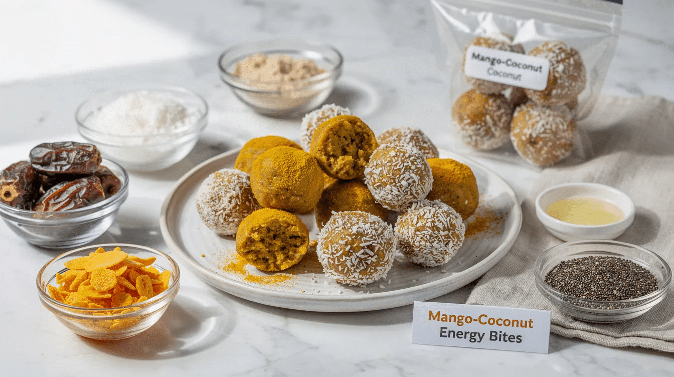 The image shows a plate of Mango-Coconut No-Bake Energy Bites, small round balls coated in shredded coconut, with visible pieces of freeze dried mango. These delicious energy balls, ideal for snacks or pre-workout, are made from ingredients like almond flour, chia seeds, and coconut oil, highlighting tropical flavors.