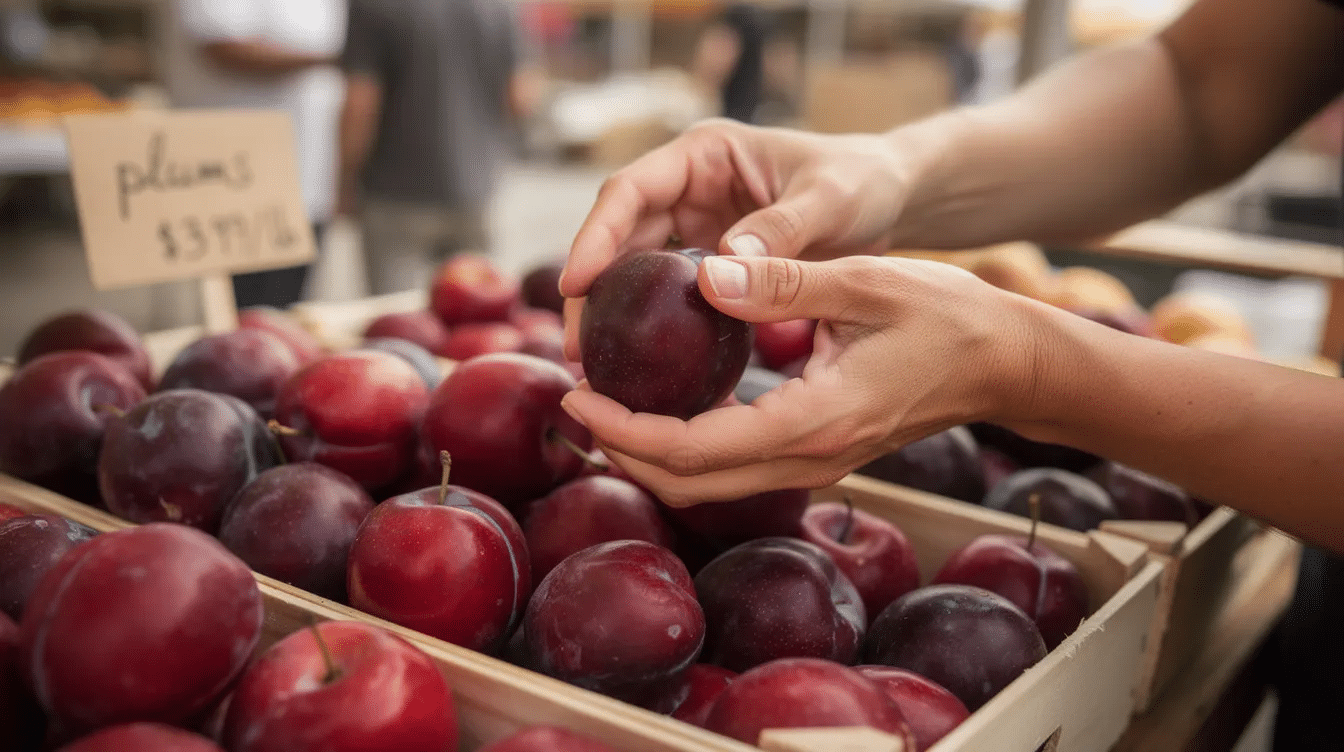 The image depicts a person carefully selecting fresh plums from a tree, showcasing several varieties of delicious plums, including prune plums and Italian plums, ready for drying. The scene captures the vibrant colors of the fruit against the green foliage, emphasizing the freshness before they are processed into dried fruit or homemade prunes.