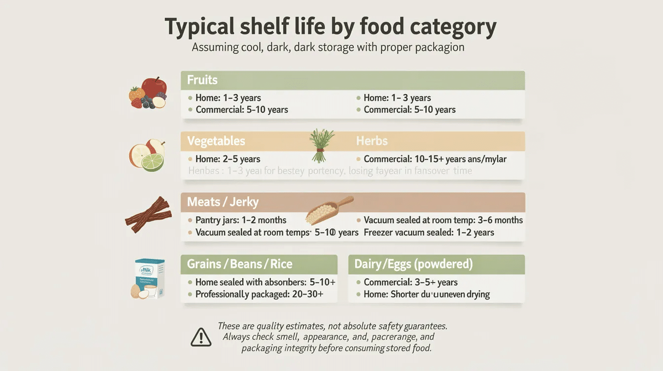 The image displays a reference chart outlining the typical shelf life of various dehydrated foods, including categories such as fruits, vegetables, herbs, meats, grains, and dairy. It emphasizes the importance of proper storage conditions, like cool, dark places and airtight containers, to maintain the nutritional value and prevent spoilage of these long-term food storage options.