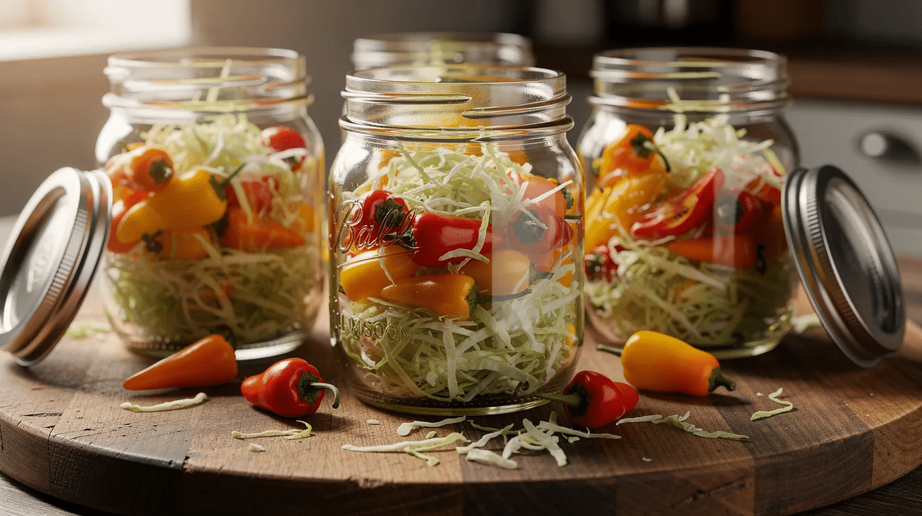 The image shows several pint jars filled with vibrant, small sweet peppers and shredded green cabbage, all arranged on a wooden cutting board. This colorful display suggests a delicious canning recipe for stuffed peppers, highlighting the fresh ingredients ready for home canning.