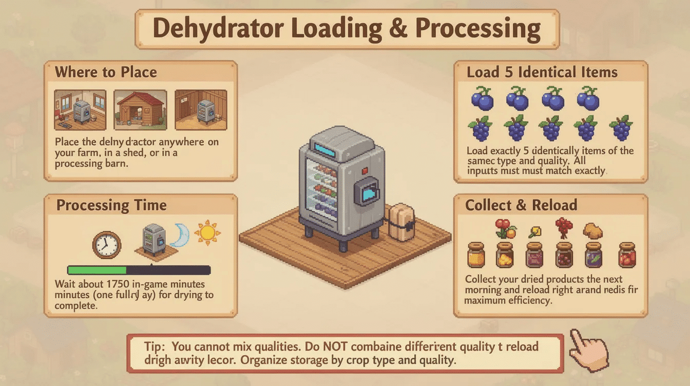 The image depicts a Stardew Valley-style dehydrator set up in a rustic barn, surrounded by various fruits and edible mushrooms, showcasing the process of drying five identical items, such as iridium quality blueberries. The scene emphasizes the importance of quality matching for efficient processing and highlights the potential for profit from dried products.