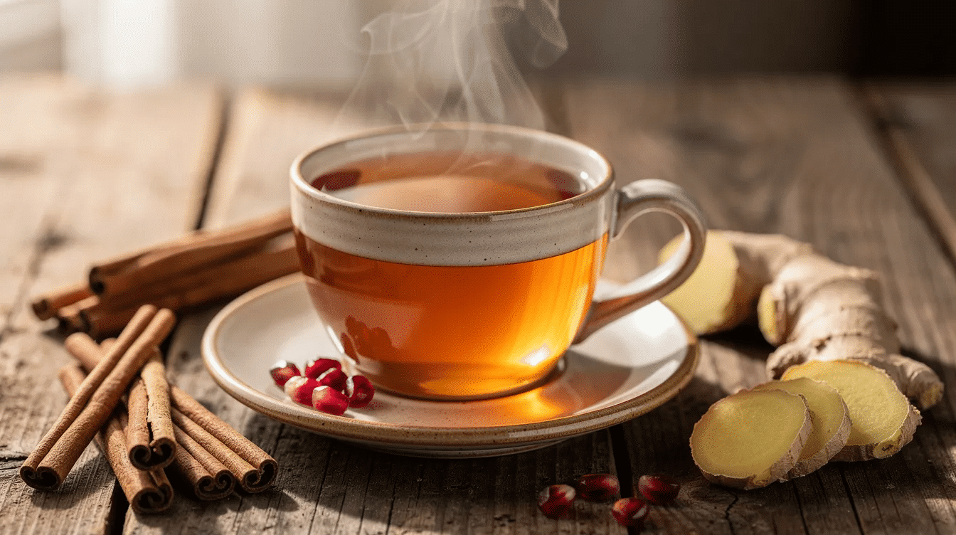 A ceramic cup filled with amber-colored pomegranate tea sits on a wooden table, accompanied by cinnamon sticks and fresh ginger, creating a warm and inviting atmosphere. The tea, rich in antioxidants from pomegranate peels, offers a delicious flavor that enhances the overall experience.