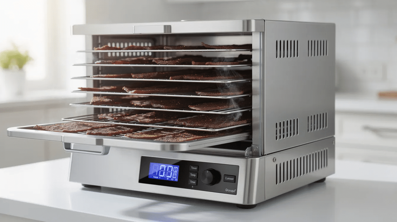 The image features a 6 tray dehydrator with six stackable stainless steel trays, designed for drying different kinds of jerky, fruits, and vegetables. It includes adjustable temperature settings ranging from 90 to 167 degrees Fahrenheit and a 360-degree circulation system that ensures even cooking and drying.