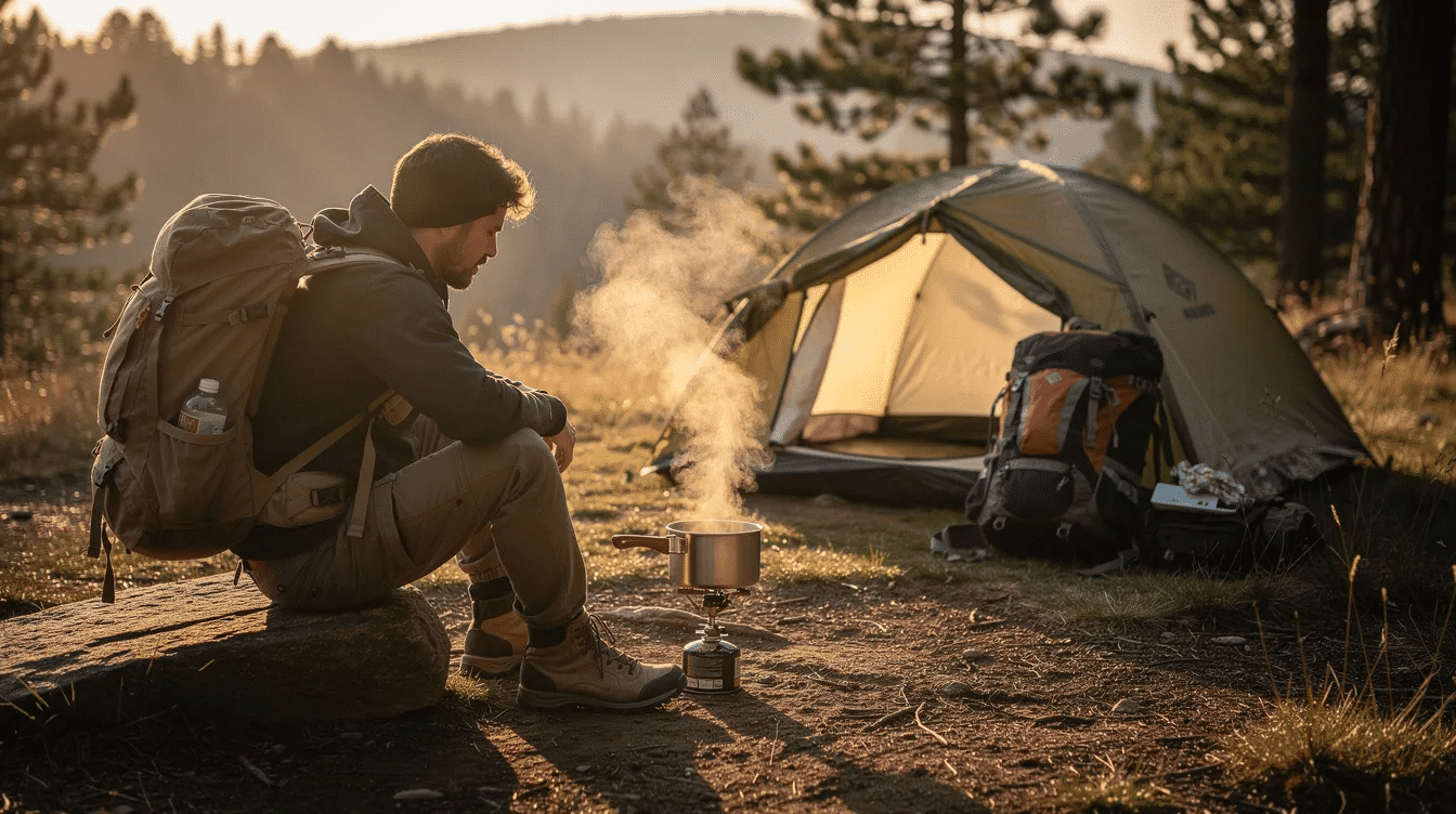 A backpacker sits by a campsite, enjoying the aroma of steam rising from a small cooking pot filled with dehydrated meals, such as chicken pesto pasta or beef stroganoff, prepared by adding boiling water. The scene captures the essence of outdoor adventure and the convenience of backpacking food for a satisfying meal after a long day on the trail.