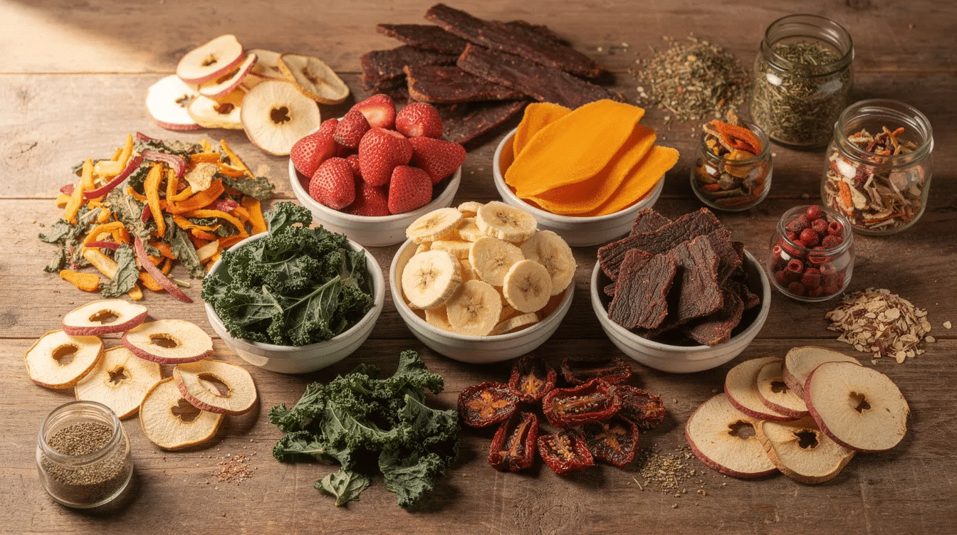The image showcases a variety of dehydrated foods, including fruits, vegetables, and meats, all stored in airtight containers like glass jars and mylar bags. Properly stored, these dehydrated foods can maintain their nutritional value and flavor for a long shelf life, making them ideal for long-term food storage and backpacking trips.