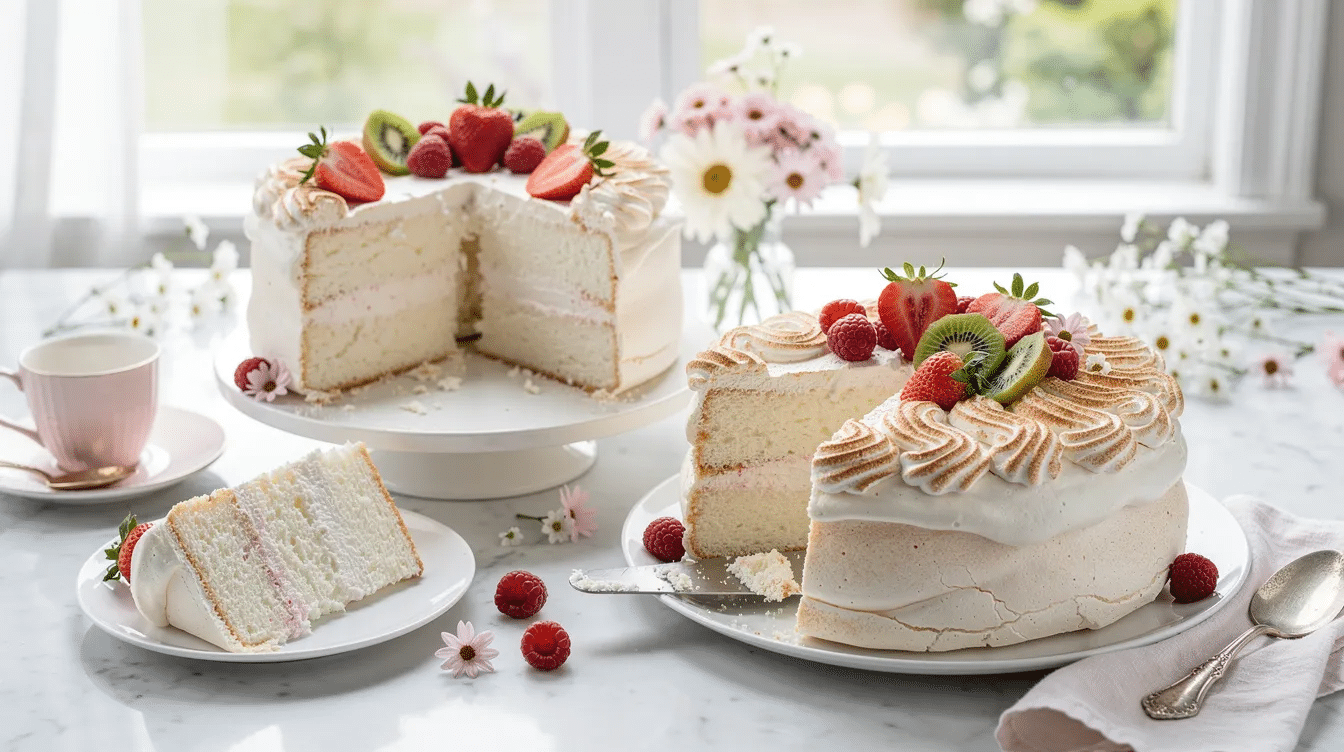 The image features a selection of light and airy desserts, including a beautifully arranged pavlova topped with fresh berries and a slice of lemon meringue pie, showcasing their fluffy textures and vibrant colors. These delightful spring desserts evoke a sense of freshness and sweetness, perfect for special occasions like baby showers or Mother's Day.