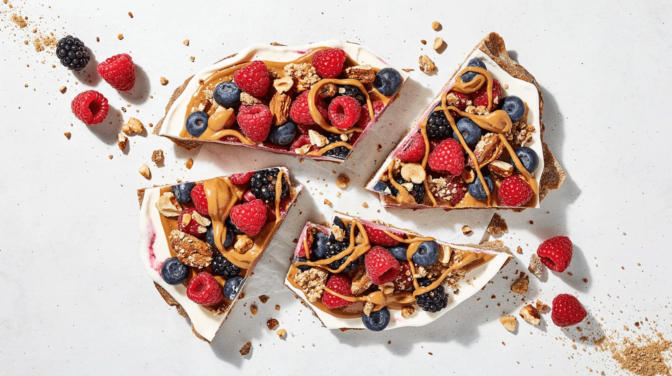 The image showcases a vibrant yogurt bark made with creamy Greek yogurt, topped with fresh berries, chopped nuts, and a swirl of creamy peanut butter, all beautifully arranged on a white surface. This healthy snack is a delightful combination of flavors and textures, perfect for satisfying a sweet tooth.