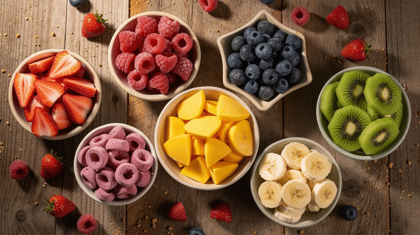 The image features a colorful assortment of freeze dried fruits, including strawberries, blueberries, and bananas, beautifully arranged in ceramic bowls on a wooden surface. This vibrant display highlights the deliciously crunchy texture and natural fruit fiber of these nutritious snacks, perfect for the whole family and ideal for trail mix or camping trips.