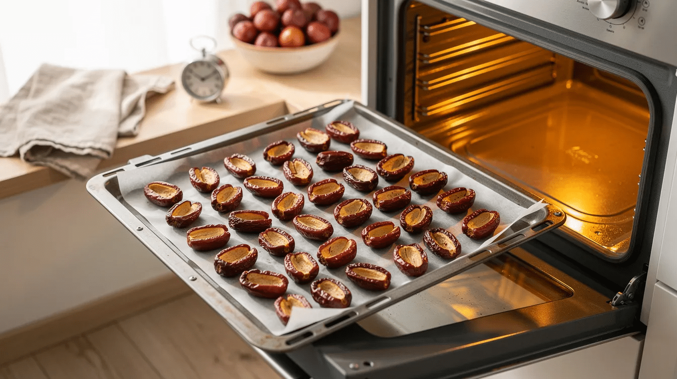 The image depicts the process of oven-drying jujube fruit, showcasing fresh jujubes arranged on a baking tray inside an oven. The jujubes, also known as Chinese dates, are being dehydrated to reduce moisture content, transforming them into delicious dried jujube that can be enjoyed for their sweet taste and health benefits.