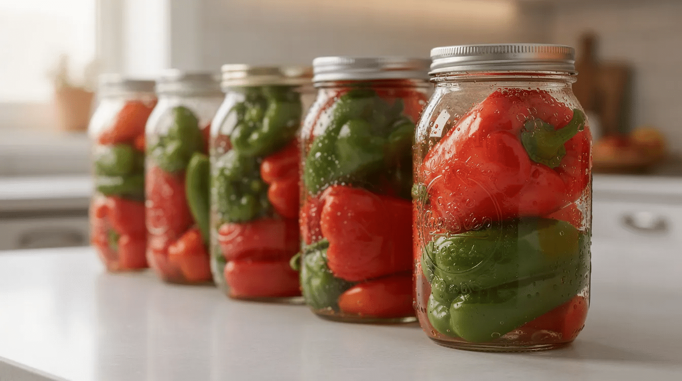 The image shows several pint jars on a kitchen counter, each filled with vibrant stuffed peppers submerged in clear brine, showcasing a variety of green and banana peppers. This visual captures the essence of home canning, highlighting the delicious stuffed pickled peppers ready for storage.