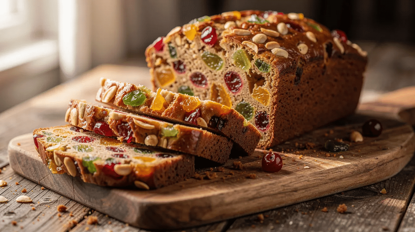 A rustic wooden cutting board displays a sliced fruitcake loaf, revealing vibrant pieces of candied fruit, including red and green candied cherries, along with chopped pecans, creating a festive and flavorful dessert. The colorful mix of candied pineapple and dried fruit adds to the cake's delicious sweetness, making it a perfect addition to any holiday dessert table.