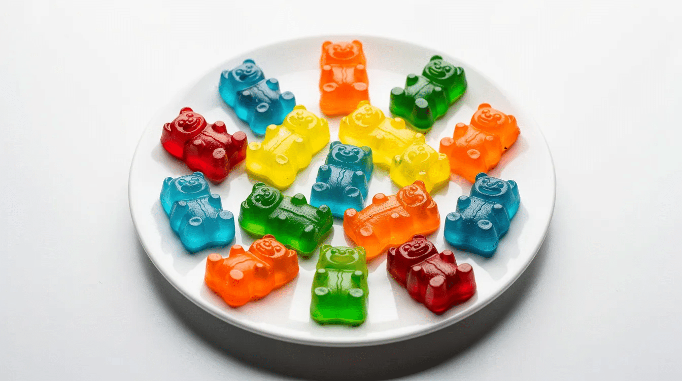 A white plate is filled with an assortment of colorful homemade gummy bears, showcasing various fruit flavors. These chewy gummy candies are made with real fruit juice and grass-fed gelatin, offering a healthier alternative to traditional sweets.